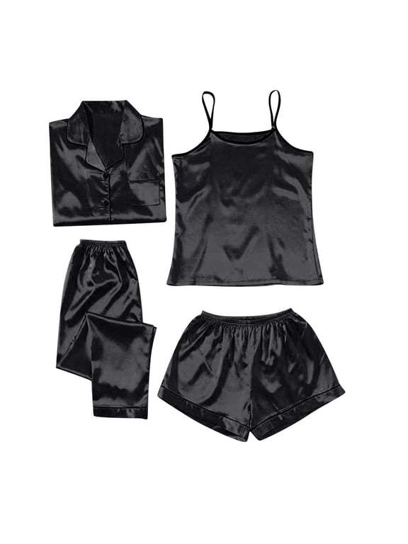 Pajama Sets 4Pcs Women Satin Silk Long Sleeve Button Down Loungewear | 4-Piece Black 3XL