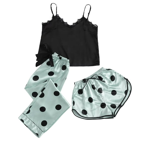 WTXUE Pajama Sets Women Print Push up Three Shorts Set Underwear Suit Pajamas | 3-Piece Green L