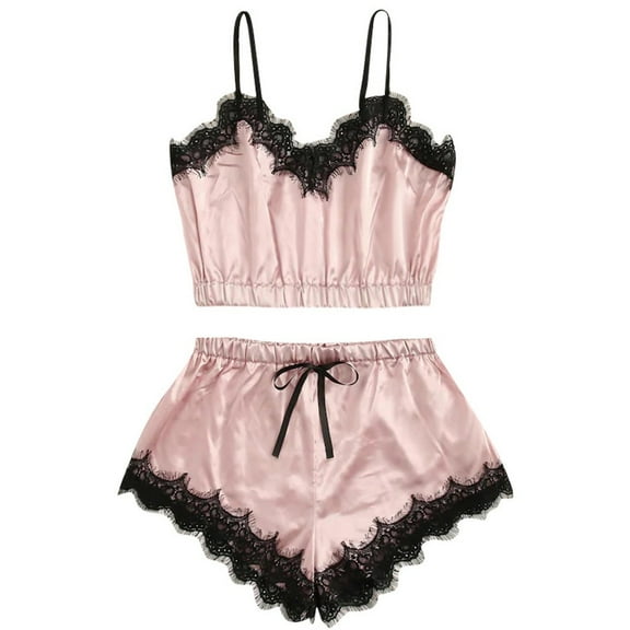 WTXUE Pajama Sets for Women | Loungewear Lace Women Sleeveless Satin Top Strap Trim Nightwear Sets Pajama | 1 Set Pink L