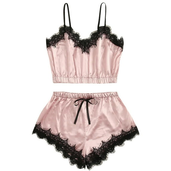 WTXUE Pajama Sets for Women | Loungewear Lace Women Sleeveless Satin Top Strap Trim Nightwear Sets Pajama | 1 Set Pink XXL