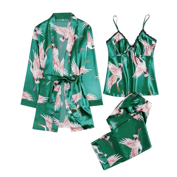 WTXUE Pajama Sets for Women | Pajamas Polyester Printed Daily Woman | 3-Piece Green L