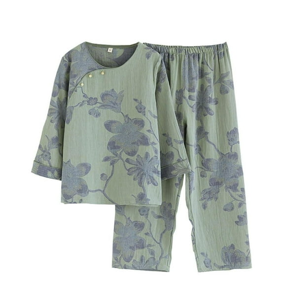 WTXUE Pajamas Sets Cotton Sets Long Sleeve Sleepwear Round Neck Tops Two-Piece Pjs Floral Sleepwear Leisure Tops Home Pajamas Matching Sets Nightwear Casual Tops Modlily Tops Long Blouses Green Xl