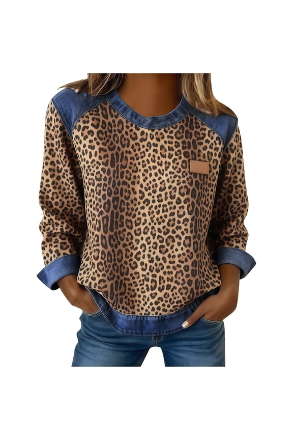 Patchwork Denim Sweatshirts Leopard Print Tops Long Sleeve Pullover Shirts Denim Collar Tops Denim Collar Top for Women Denim Sweatshirt Collar Button Up Patchwork Lightweight Tops Khaki L