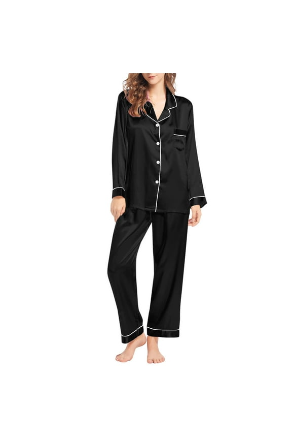 Pj Sets for Woman | Pajama Sets Womens Silk Like Pajamas Set Two Button Down Nightwear Loungewear Sets | 2-Piece Black M
