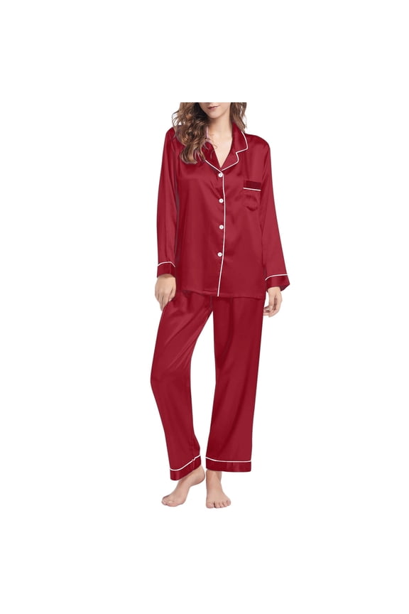 Pj Sets for Woman | Pajama Sets Womens Silk Like Pajamas Set Two Button Down Nightwear Loungewear Sets | 2-Piece L
