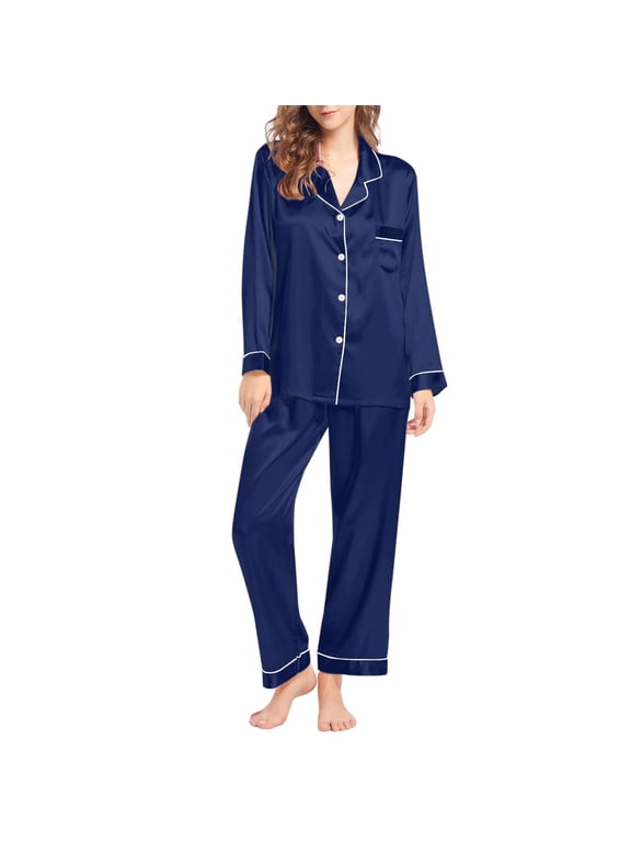Pj Sets for Woman | Pajama Sets Womens Silk Like Pajamas Set Two Button Down Nightwear Loungewear Sets | 2-Piece L