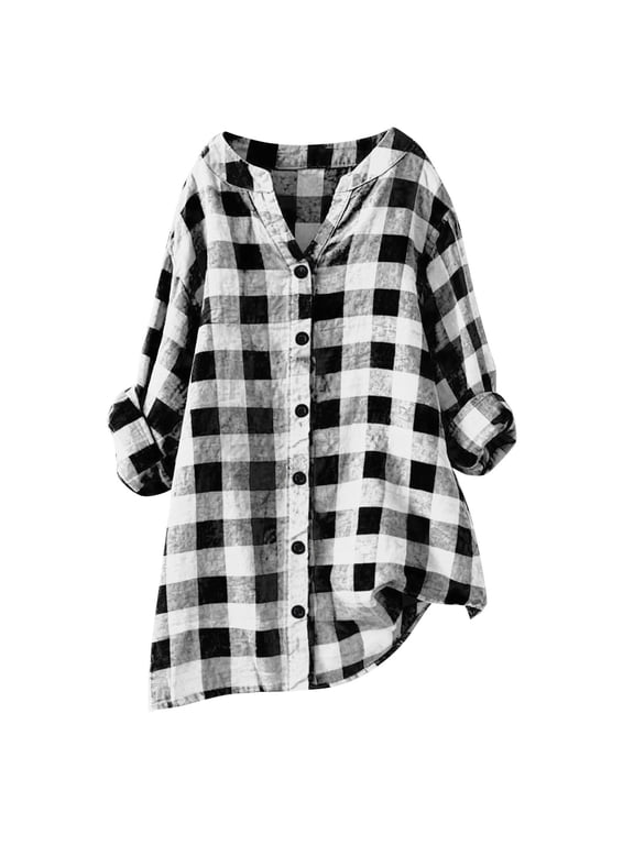 Plaid Collar Button Up Tunic Shirt for Women Casual Cuffed Long Sleeve Tops Boyfriend Checked Oversized Flannel Shirts Business Casual Blouses Loose Fit Tops Black L