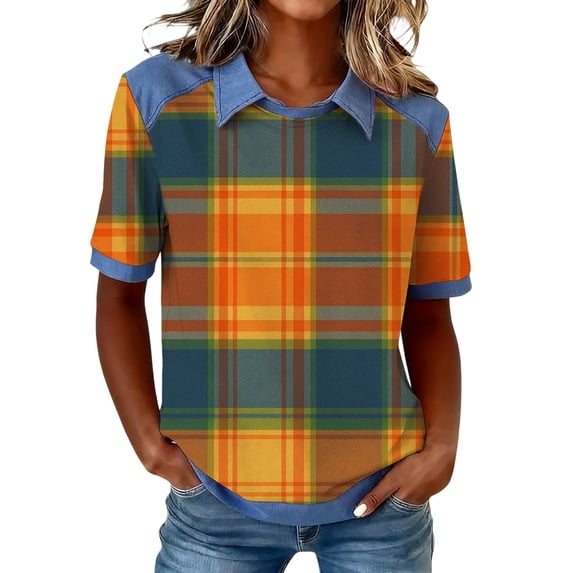 WTXUE Plaid Denim Collared Shirt Short Sleeve Shirts Loose Shirts Trendy Tunic Tops Patchwork Denim Shirts Pullovers Retro Plaid Print Shirt Loose Shirts Work Shirts Trendy Tunic Tops Orange Xl