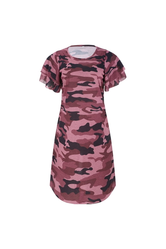 Plus Size Dress, Women's Crewneck Camo Print Dress Loose Casual Dress Short Sleeved Loose Dress, Red Dresses for Women, Red 4XL