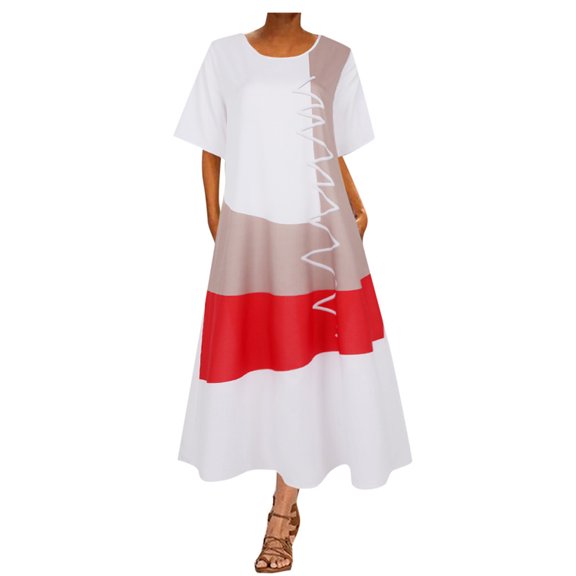 WTXUE Plus Size Dresses, A-Line Short Sleeve Mid-Length Crew Neck, Women Retro Dress Patchwork Women's Plus, White Size S