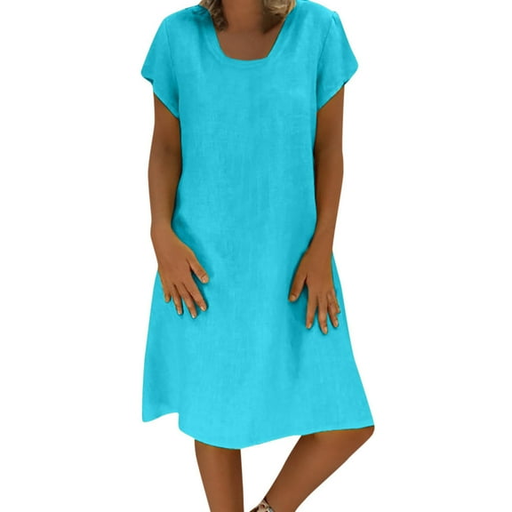 WTXUE Plus Size Dresses, A-Line Short Sleeve Mid-Length Crew Neck, Women Summer Feminino Vestido T-Shirt Cotton Casual Ladies Dress Solid Women's Plus, Blue Size XL(US:10)