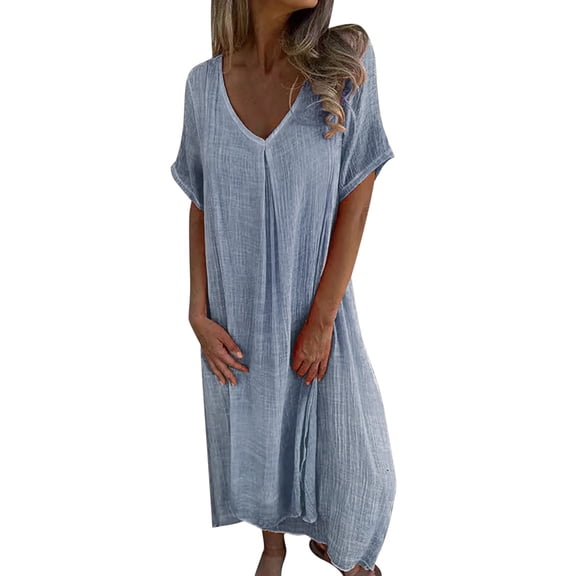 WTXUE Plus Size Dresses, A-Line Short Sleeve Vestidos Casuales Para Mujer V-Neck, Casual Spring And Summer Loose Skirt Cotton And Linen Dress Solid Mid-Length Women's Plus, Gray Size M