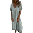 thumbnail image 1 of WTXUE Plus Size Dresses, A-Line Short Sleeve Vestidos Casuales Para Mujer V-Neck, Casual Spring And Summer Loose Skirt Cotton And Linen Dress Solid Mid-Length Women's Plus, Green Size M, 1 of 4