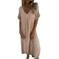 thumbnail image 1 of WTXUE Plus Size Dresses, A-Line Short Sleeve Vestidos Casuales Para Mujer V-Neck, Casual Spring And Summer Loose Skirt Cotton And Linen Dress Solid Mid-Length Women's Plus, Beige Size L, 1 of 6