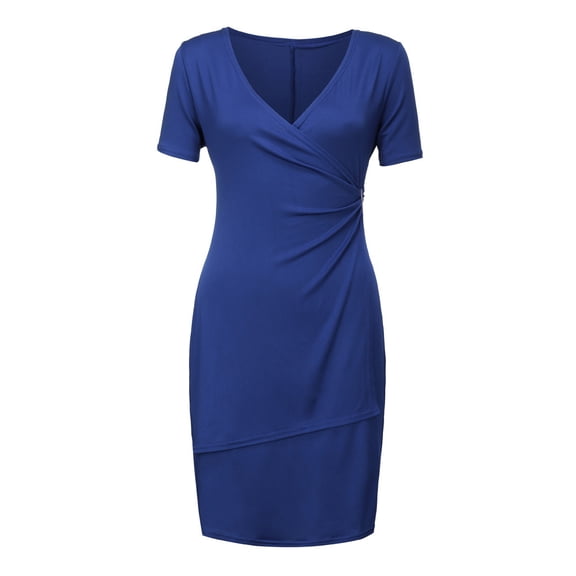 WTXUE Plus Size Dresses, Bodycon Dress Short Sleeve Mid-Length V-Neck, Asymmetrical Dress Solid Women's Plus, Blue Size XXL(US:22)