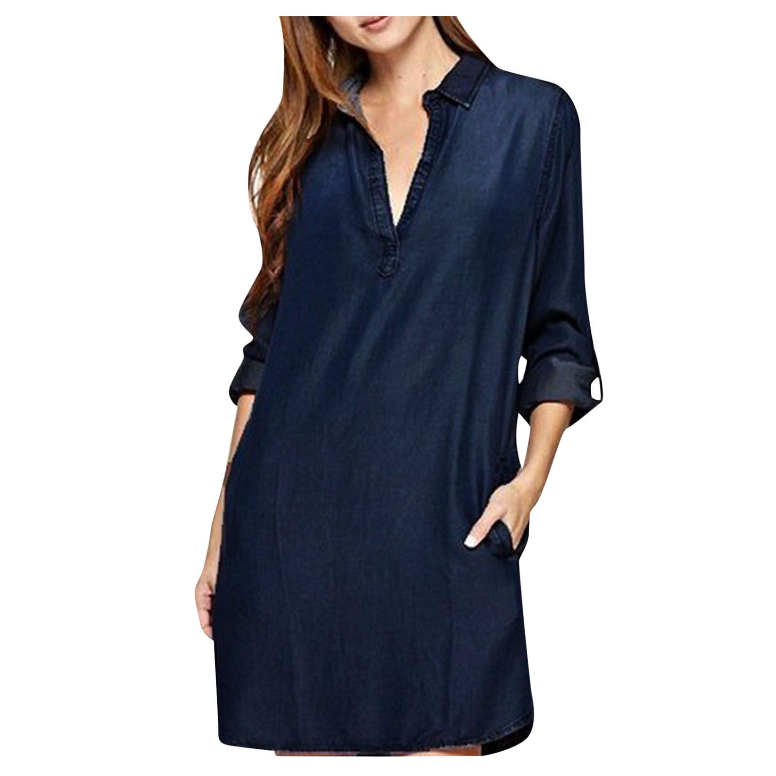 WTXUE Plus Size Dresses, Denim Long Sleeve A-Line V-Neck, Retro Shirt ...