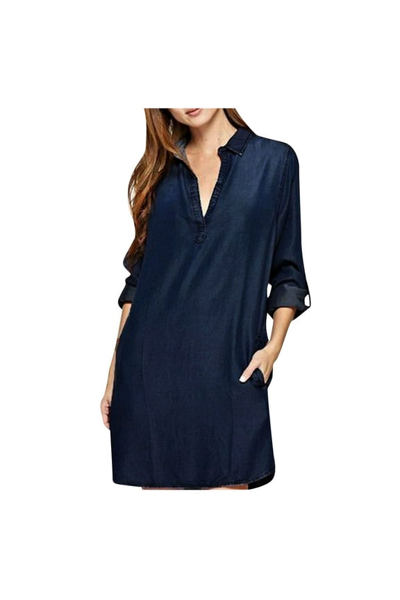 Plus Size Dresses, Denim Long Sleeve A-Line V-Neck, Retro Shirt Dress Washed Blue Lapel Dress Solid Cuff Sleeve Vestidos Mid-Length Women's Plus, Blue Size XL