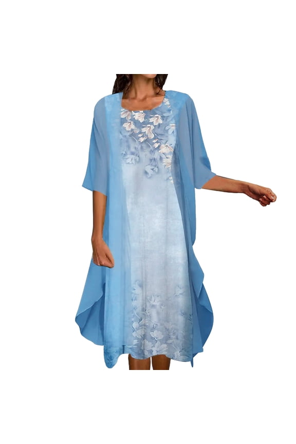 Plus Size Dresses, Jacket Dress Short Sleeve Two-Piece Sets Crew Neck, Cardigan Dress Belt Neck Tulle Sleeve Pattern A-Line Vestidos Mid-Length Tulle Skirts Women's Plus, Blue Size XL