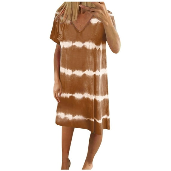 WTXUE Plus Size Dresses, Shirt Dresses Sleeveless Vestidos Casuales Para Mujer V-Neck, Casual Striped Tie-Dye Dress Loose T-Shirt Dress(S-3Xl) Solid Mid-Length Women's Plus, Brown Size S(US:4)