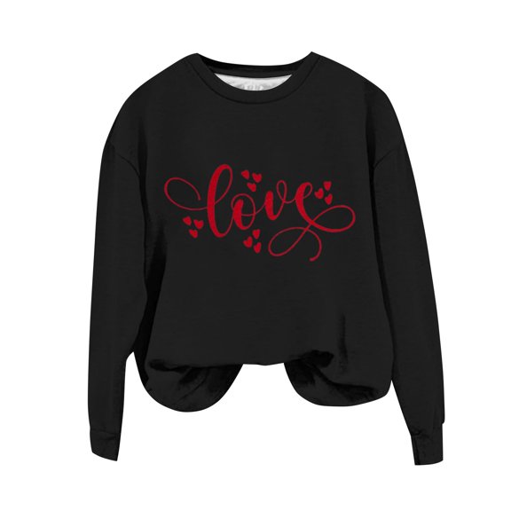 WTXUE Plus Size Valentine Sweatshirt Love Hearted Print Long Sleeved Crewneck Soft Sweatshirts Graphic Shirts Loose Fitting Tops Lightweight Blouses Work Shirts Black M