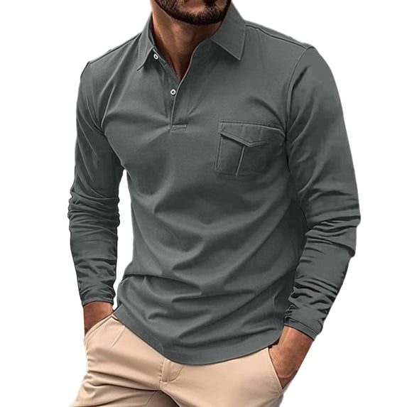 WTXUE Polos Long Sleeve, Scrunch Neck Polo Golf Shirts for Men Spring Autumn Casual Button T Shirt Top Solid | Workwear for Men Gray L