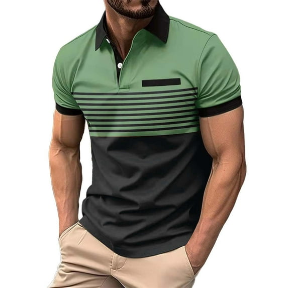 WTXUE Polos Short Sleeve, Lapel Golf Shirts for Men Spring Summer Casual Buttons Lapel T Shirt Tops Patchwork | Workwear for Men Green/Patchwork L