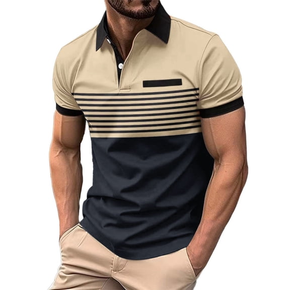 WTXUE Polos Short Sleeve, Lapel Golf Shirts for Men Spring Summer Casual Buttons Lapel T Shirt Tops Patchwork | Workwear for Men Khaki/Patchwork 3XL