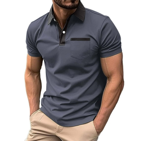 WTXUE Polos Short Sleeve, Scrunch Neck Polo Golf Shirts for Men Spring Summer Casual Buttons Lapel T Shirt Tops Solid | Workwear for Men Gray L