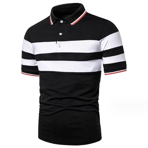 WTXUE Polos Short Sleeve, Scrunch Neck Polo Golf Shirts for Men Striped Clothing Splicing Lapel Top Cotton Striped, Workwear for Men Black 3XL