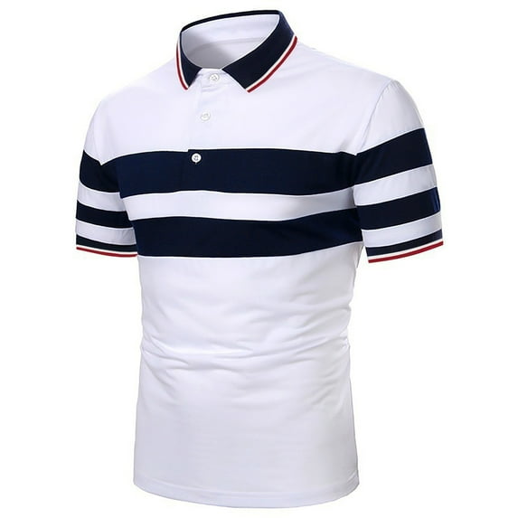 WTXUE Polos Short Sleeve, Scrunch Neck Polo Golf Shirts for Men Striped Clothing Splicing Lapel Top Cotton Striped, Workwear for Men White M