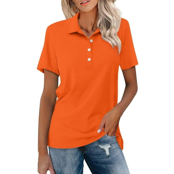 WTXUE Polos, Women's Short Sleeve Shirts Summer Button Down Collared Tops Casual Loose Tees, Women, Orange XL