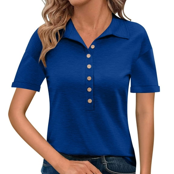 WTXUE Polos, Womens Summer Daily Casual V Neck Shirts Short Sleeve Tops Collared Blouses Loose Fit Shirt, Women, Blue S