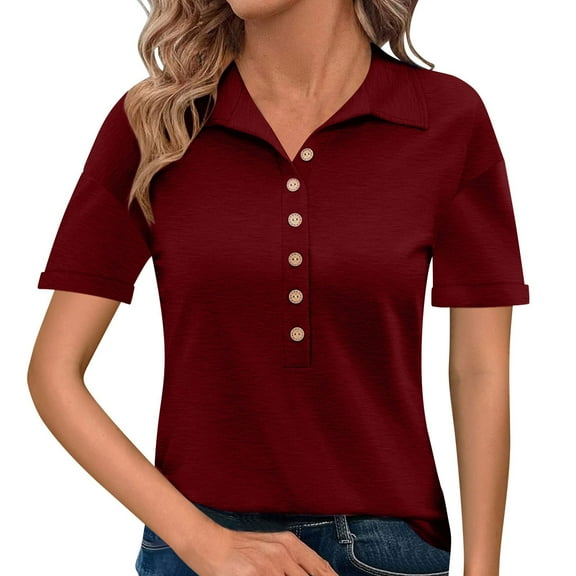 WTXUE Polos, Womens Summer Daily Casual V Neck Shirts Short Sleeve Tops Collared Blouses Loose Fit Shirt, Women, Burgundy XXL