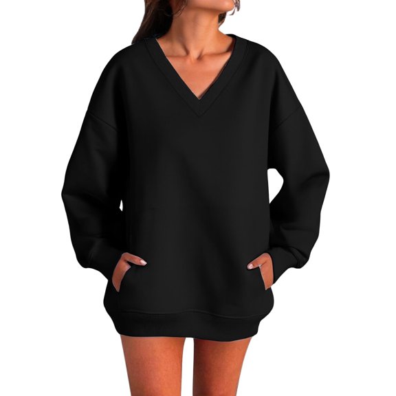 VISALY Pullover Sweatshirt for Womens Oversized Sweatshirt Long Sleeve Shirts Autumn Fashion Pullover Plus Size V Neck Tops Loose Sweatshirt with Pockets Black M