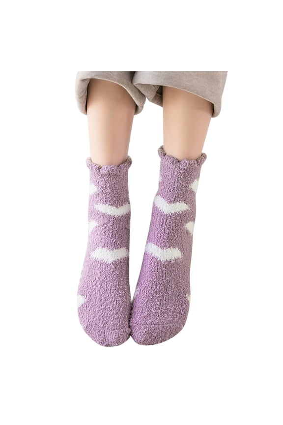Quarter Socks, Socks for Women Valentines Socks Womens Coral Fleece Socks Heart Print Socks Colorful Lightweight Cotton Athletic Socks Heart Socks Warm Socks Purple