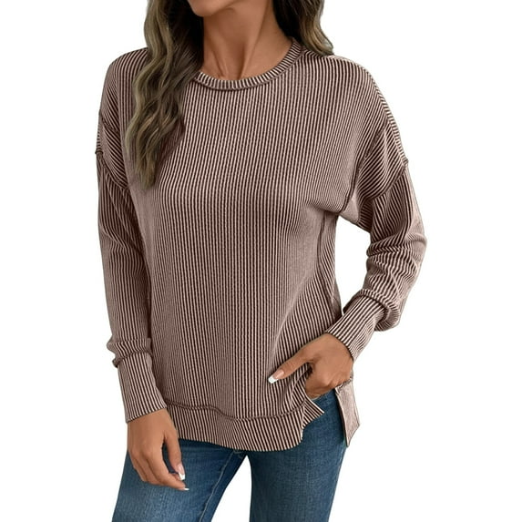 WTXUE Ribbed Crewneck Tops Long Sleeve Shirts Casual Side Slit Tops Loose Fit Blouses Oversized Sweatshirts Casual Pullover Sweatshirts Fall Basic Tee Shirts Tunic Sweatshirt for Women Khaki Xl