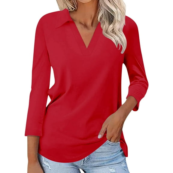 WTXUE Roll Up Shirts Women 3/4 Sleeve T Shirts V Neck Shirts Collared Casual Basic Tees Blouse Business Casual Blouses Summer Tops Trendy Tee Shirts Loose Tunic Tops Red L