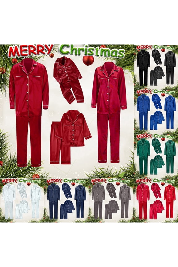 Satin Family Matching Christmas Pajamas Set Soft Button Loungewear 2 Piece Sleepwear Home Wear Set Comfortable Nightwear Set for Couples or Family Black 12M