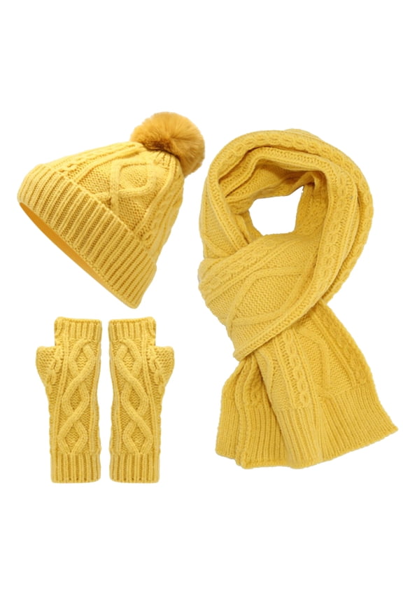 Scarf and Gloves Set for Women, Scarf Gloves Hat Set for Teen Girls Women&Men Autumn Winter Warm Wool Hat Scarf Gloves Three Pieces, 1# Yellow