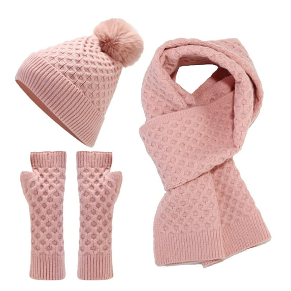 WTXUE Scarf and Gloves Set for Women, Scarf Gloves Hat Set for Teen Girls Women&Men Autumn Winter Warm Wool Hat Scarf Gloves Three Pieces, 2# Pink