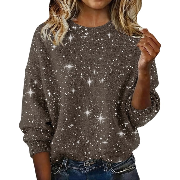 WTXUE Sequin Sweaters for Women Knitted Glitter Casual Loose Crew Neck Pullover Fashion Sparkly Party Blouse Trendy Long Sleeve Dressy Tops for Evening Party Brown L