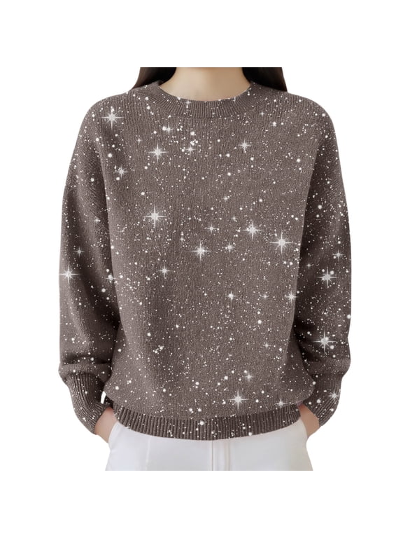 Sequin Sweaters for Women Knitted Glitter Casual Loose Crew Neck Pullover Fashion Sparkly Party Blouse Trendy Long Sleeve Dressy Tops for Evening Party Khaki Xl