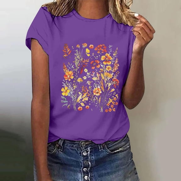 WTXUE Short Sleeve Shirts Floral Tops Cotton Tshirts Shirts for Women Graphic Tees Womens Summer Tops Fitted Blouses Loose Fit Blouses Wrinkle Free Blouses Beach Tops Soft T Shirts Purple S