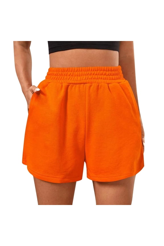 Shorts for Women, Running Casual Elastic High Waisted Athletic Shorts Baggy Fleece Shorts with Straight-Leg Elastic Waistband Baggy Fit Elastic Band Activewear Short, Orange