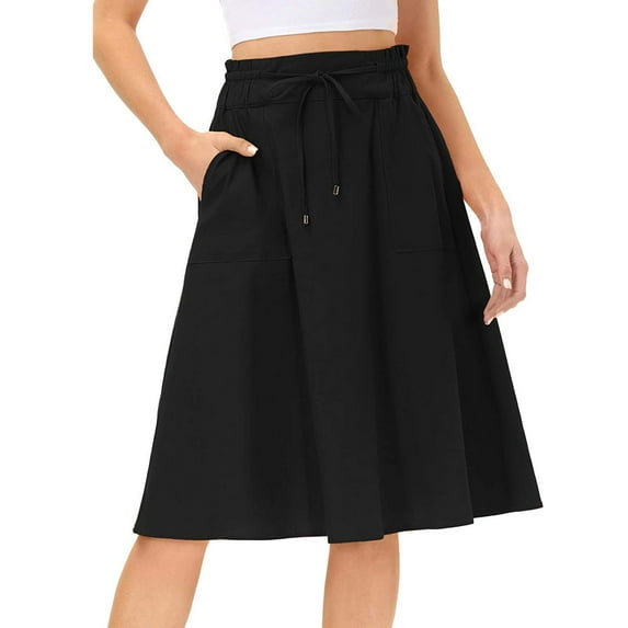 WTXUE Skirts, A-Line with Pockets, Women Elastic High Waist Boho Skirt Casual Drawstring Long Skirt Solid Mid-Length Women, Black Size L