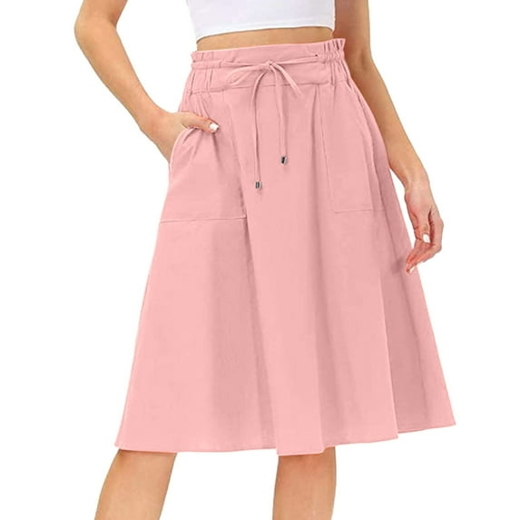 WTXUE Skirts, A-Line with Pockets, Women Elastic High Waist Boho Skirt Casual Drawstring Long Skirt Solid Mid-Length Women, Pink Size S