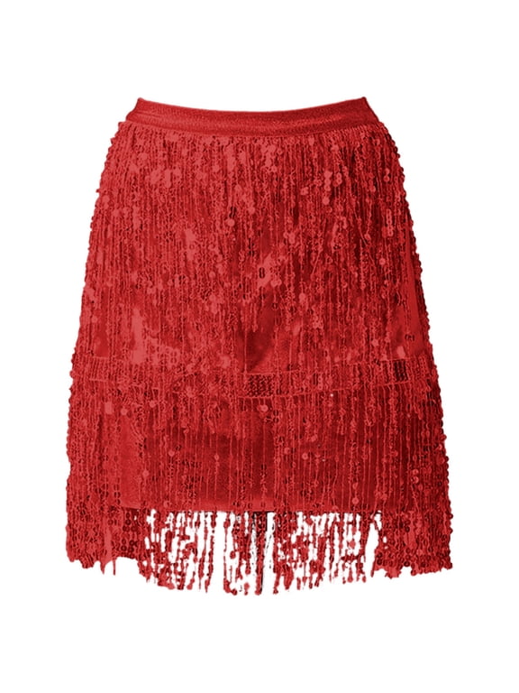 Skirts, Fringe Mini, Women Sequin Skirt Belly Dance Hip Skirt Flow Su Sequin Wrap Skirt Solid Vestidos De Fiesta Largos De Noche Women, Red Size M