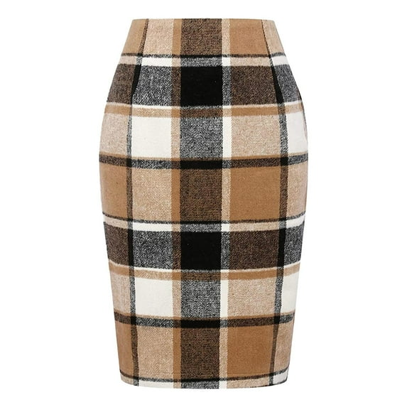 WTXUE Skirts for Women, Pencil Plaid Fall Winter High Waisted Bodycon Knee Length Wool Midi Skirt with Slit, 4# B XL