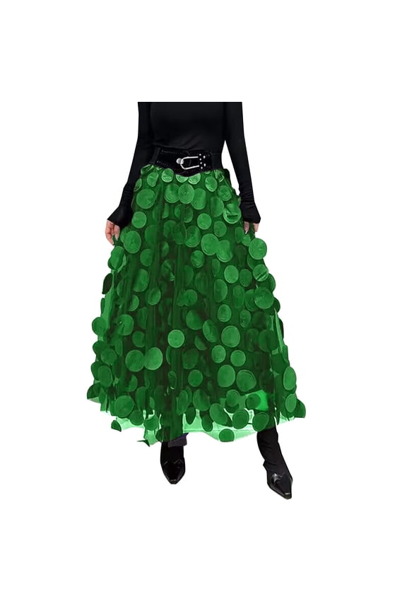 Skirts for Women, Retro A-Line Skirt Half Length Skirt Women's3 D Polka Dotted Yarn Skirt High Waist, Green1 XL