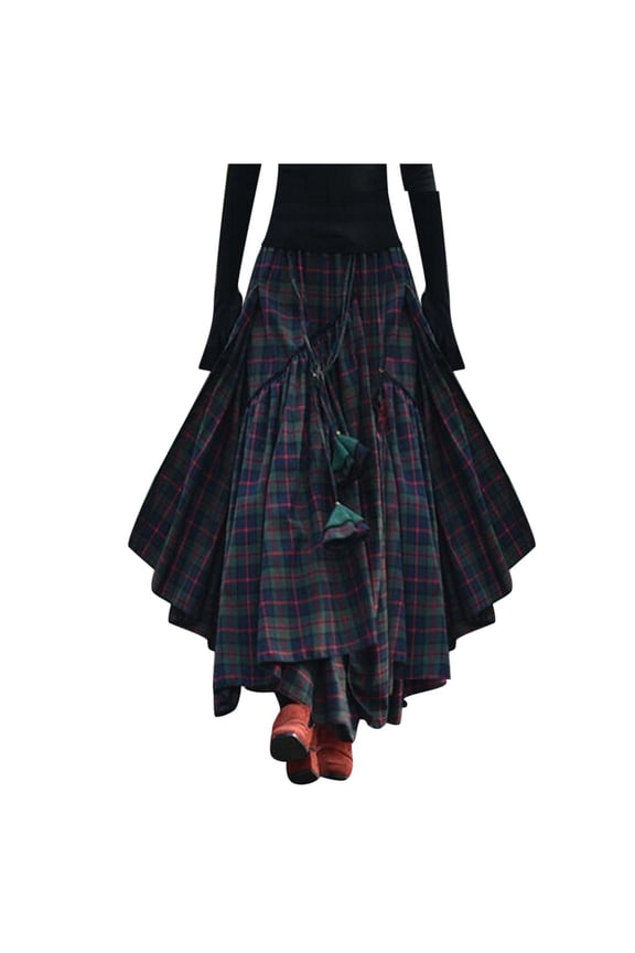 Skirts for Women, Women Loose Plaid Print Fringe Irregular Waiste Skirt, Green Plaid Skirt Women, Green 3XL